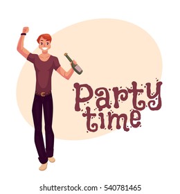 Young man dancing with beer bottle at party, in night club, cartoon style invitation, greeting card design. Party invitation, advertisement, Young handsome man dancing at a nightclub, drinking