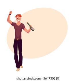 Young man dancing with beer bottle at party, in night club, cartoon vector illustration on background with place for text. Young handsome man dancing at a nightclub, drinking beer, having fun