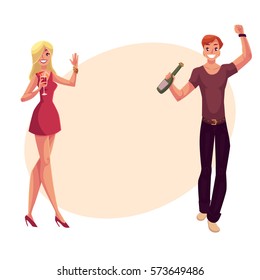 Young man dancing with beer bottle and girl in short dress dancing, in night club, cartoon vector illustration isolated on white background. Young handsome man and girl dancing at a nightclub