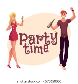 Young man dancing with beer bottle and girl in short dress dancing, in night club, cartoon style invitation, greeting card design. Young handsome man and girl dancing at a nightclub