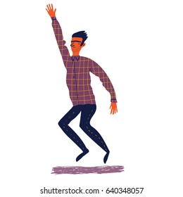 Young man dancing - creative vector illustration on white background. Happy hipster man jumping.