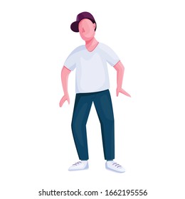 Young man dancing flat color vector faceless character. Stylish guy in casual clothes standing. Fashionable teenager, street dancer isolated cartoon illustration for web graphic design and animation