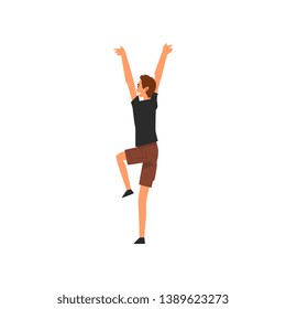Young Man Dancing and Having Fun Outdoor at Open Air Concert, Rock Fest, Outdoor Summer Music Festival Vector Illustration