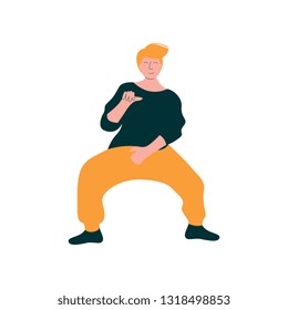 Young Man Dancing Modern Dance, Male Dancer Character Wearing Casual Clothes Vector Illustration