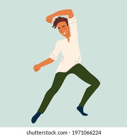 Young man dancing modern dance, dancer in graceful pose, male character in cartoon style, vector illustration, isolate.