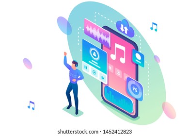 Young man dancing to the music playing on his phone. The concept of listening to music on social networks. 3d isometric. Concept for web design