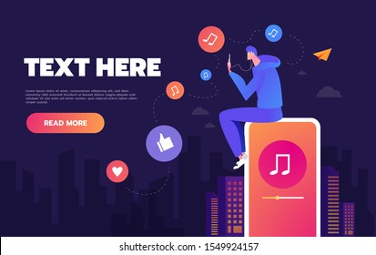 Young man dancing to the music playing on his phone. The concept of listening to music on social networks. Landing page concepts and web design