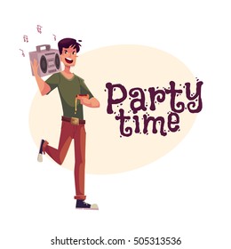 Young man dancing at the party with tape recorder on his shoulder and pizza in hand, cartoon vector illustration. Greeting card, poster, banner design for birthday party with a man popping party
