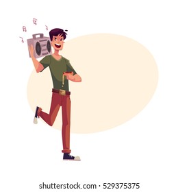 Young man dancing at the party with tape recorder on his shoulder and pizza in hand, cartoon vector illustration isolated on yellow background. Young woman having much fun at the party