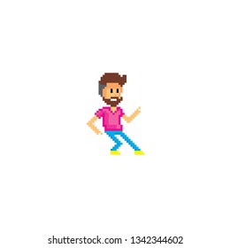 A young man is dancing. Pixel art. Old school computer graphic. 8 bit video game. Game assets 8-bit sprite.