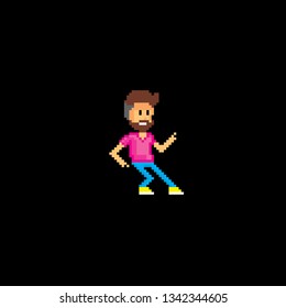 A young man is dancing. Pixel art. Old school computer graphic. 8 bit video game. Game assets 8-bit sprite.