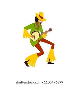 Young man dancing and playing music with banjo at Brazil carnival, male dancer in bright festive costume vector Illustration on a white background