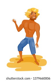 Young Man dancing at a summer beach party. Blond haired guy. He is wearing blue shorts
