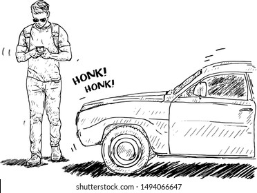 A young man dangerously walk into traffic while texting on his smartphone for the safety concept: Do not use smartphone while walking. Hand drawn vector illustration. 