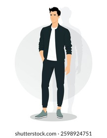 Young Man in a Dark Green Bomber Jacket and Black Pants with a Cool Street Look