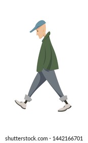 young man in a dark green jacket and gray jeans goes on a white background, autumn character