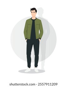 A young man in a dark green jacket and a black sweater. The stylish image is emphasized by dark pants and white sneakers. A confident and relaxed look.