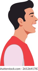 A young man with dark hair smiles broadly, showcasing a friendly demeanor while wearing a red shirt, creating a positive atmosphere in this flat vector illustration.