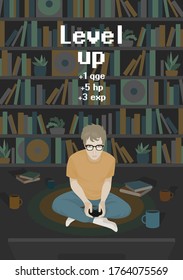 A young man in the dark room playing a console sitting on the floor in front of the TV screen. The inscription on the card "level up".