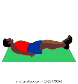 Young man of dark skin doing exercises in the gym. Fit man doing exercises  for body warming or exercises for spine . Full of color flat vector illustration. 