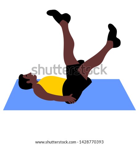 Young man of dark skin doing exercises in the gym. Fit man doing exercises  for body warming or exercises for spine . Full of color flat vector illustration. 