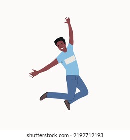 Young man with dark skin jumped up. Flat style cartoon vector illustration. 