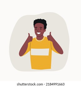 Young Man With Dark Skin Shows A Thumbs Up Gesture. Ok Sign. Vector Flat Style Cartoon  Illustration.