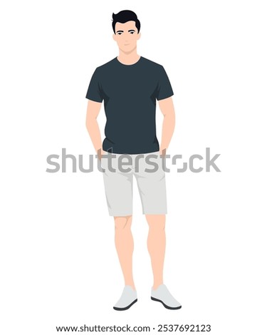 A young man in a dark T-shirt and light shorts.