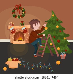 young man decorates a Christmas tree at home.  vector illustration of celebrating christmas at home.  decoration of a room with a fireplace