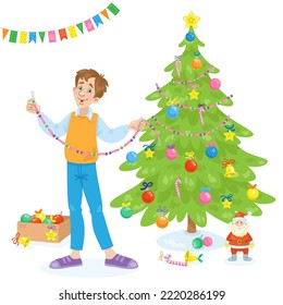 Hombre joven decora un árbol de Navidad. Al estilo de las caricaturas. Aislado sobre fondo blanco. Ilustración vectorial.