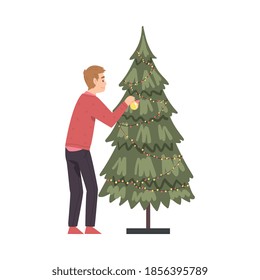 Joven decorando árbol de Navidad, persona preparándose para la celebración de las fiestas, navidad y vectores de caricatura de Año Nuevo Ilustración