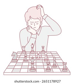 A young man deeply contemplates and analyzes his next strategic move during a competitive chess game