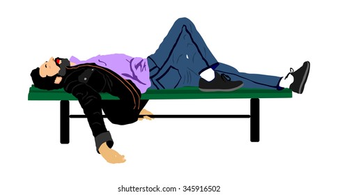 Young man deeply sleeping or drunk, laying outdoors on a wooden park bench, vector illustration isolated on white background. Asleep or drunk young man, outdoors on a park bench. Hangover after party
