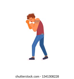 Young man defending himself with hands up. Human character isolated on white background. Flat Art Vector illustration