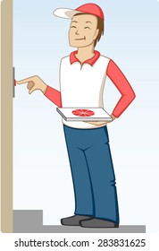 Young man delivering a pizza box to a door, ringing the bell