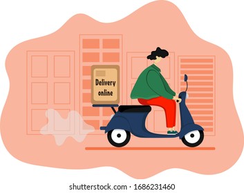 A young man delivers food in a box on a moped against the background of city houses. Illustration of a food delivery service in the city at the destination.