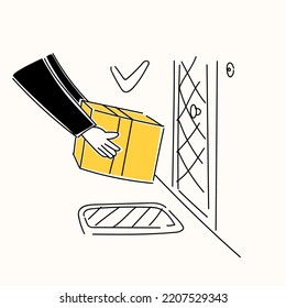 A young man delivers groceries. The courier delivered the parcel to the customer's home. Fast delivery of goods.