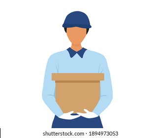  A young man delivery holding courier box for deliver to customer vector illustration. Delivery service and online shopping concept