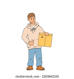 Young man, delivery man. Holds an envelope, a package in his hand. Smiling and pointing at the envelope. The concept of fast delivery of parcels to the house. Order delivery stock vector illustration.