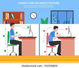 Young Man Demonstrating Correct And Incorrect Sitting Postures For Healthy Spine While Working On Computer Flat Vector Illustration