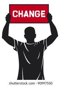 young man (demonstrator) holding a banner - change