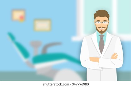 Young man dentist at the dental office. Vector flat illustration with a blurred background. Smiling friendly physician stomatologist in front of a chair