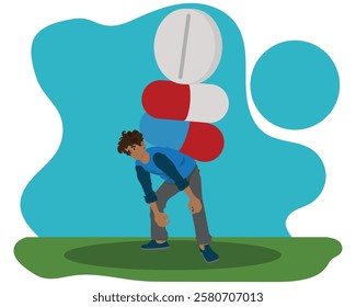 young man dependent on medicine, drug addiction, man carrying several medicine pills on his back. vector illustration.