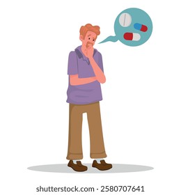 young man dependent on medicine, drug addiction, man thinking about several medicine pills. vector illustration.