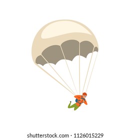 Young man descending with a parachute in the sky, parachuting sport and leisure activity concept vector Illustration on a white background