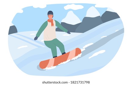 A young man descends from a snow-covered mountain on a snowboard. Flat vector illustration