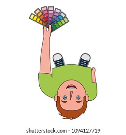 young man designer holding menu palette color top view