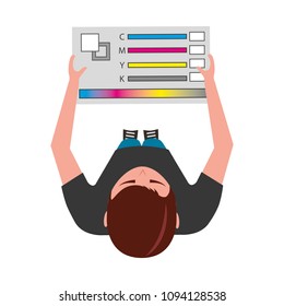 young man designer holding menu palette color top view
