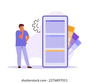 Young man designer. Programming courses web design concept with people. Online IT composition in flat style. Vector illustration for social media promotional materials.