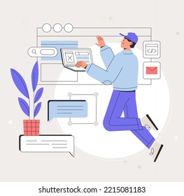 Diseñador joven trabajando en el diseño ui ux o en un cartel de prototipado de aplicaciones móviles. Desarrolladores de software. Trabajador independiente trabajando en el desarrollo de aplicaciones y web en computadoras. Vector de estilo plano.